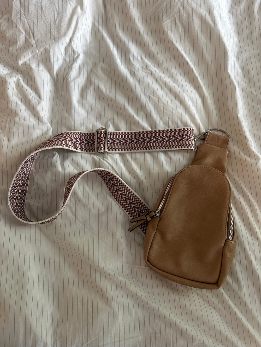 Coco + Carmen Tan Leather Sling Bag with Woven Strap Accent